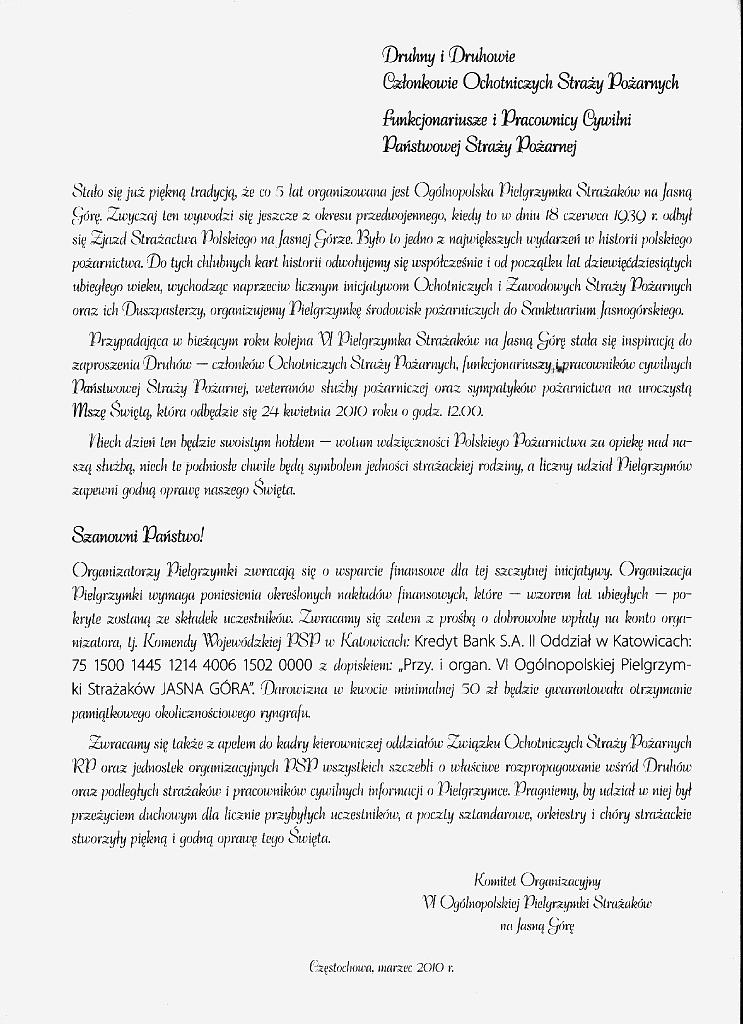 list.jpg - List intencyjny w sprawie organizacji VI Ogólnopolskiej Pielgrzymki Strażaków